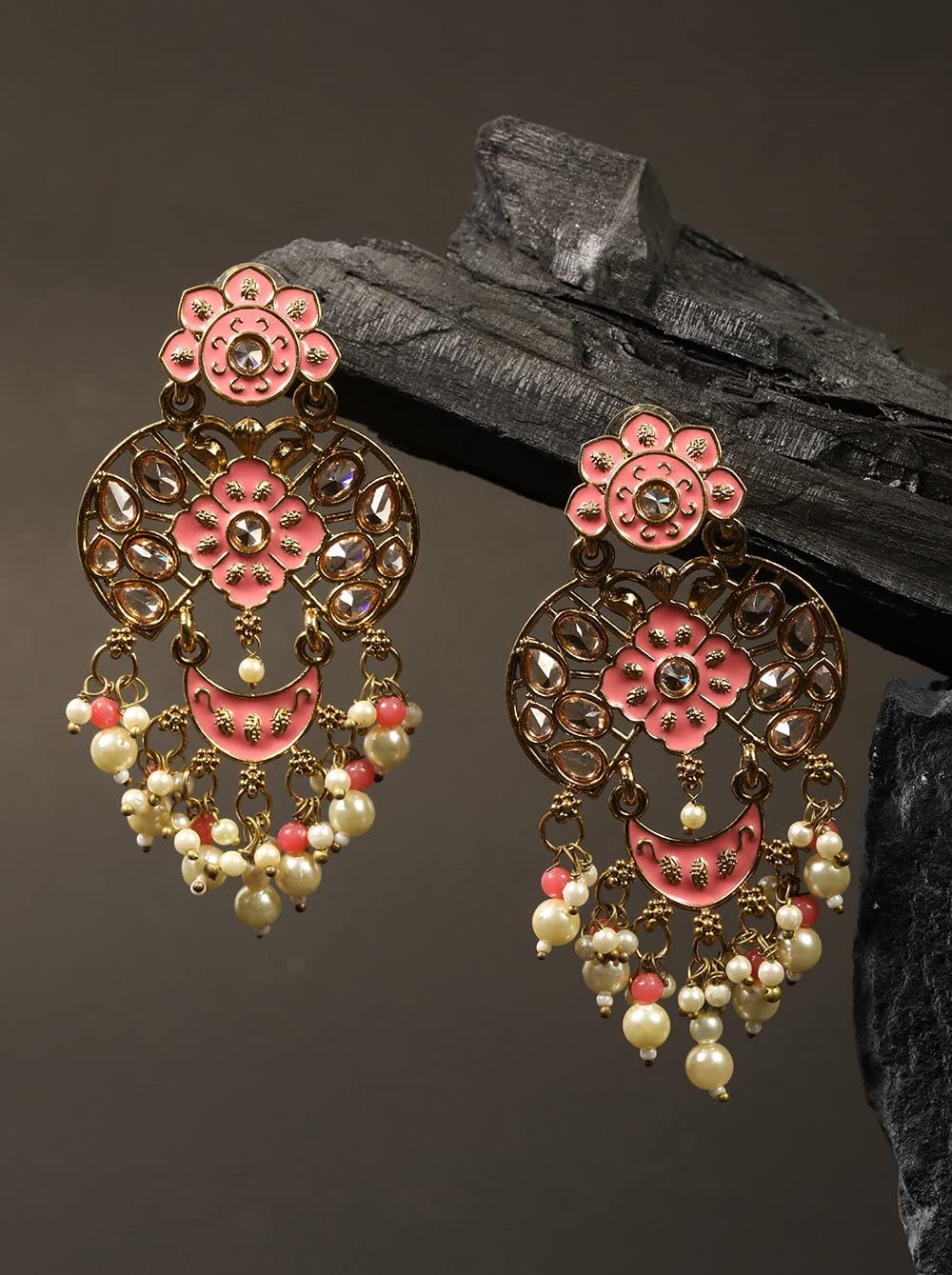 Priyaasi Gold-Plated Stone Studded Drop Earrings with Pearl Drop in Peach Color