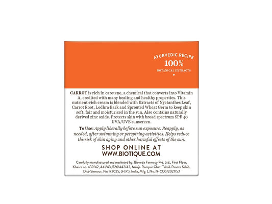Biotique Sun Shield Carrot 40+ SPF UVA/UVB Sunscreen All Skin Ultra Protective Face Cream, 50g