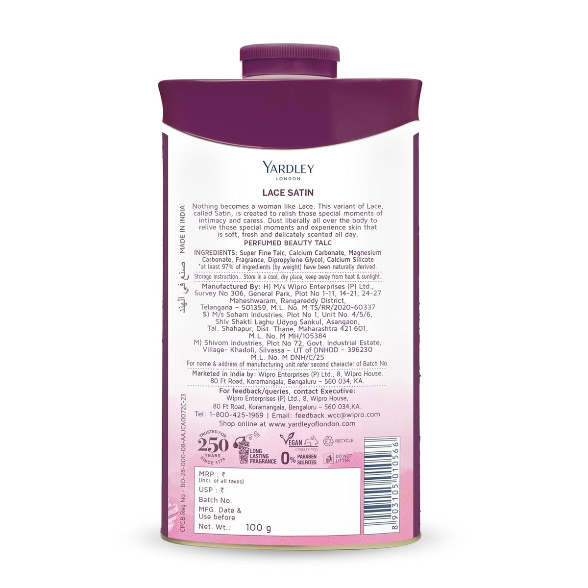 Yardley London Lace Satin Perfumed Beauty Talc, For Fragrant Glow |100 g