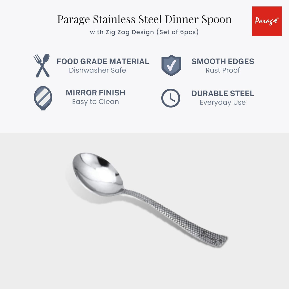 Parage 6 Piece Stainless Steel Table Spoons Set with Zig Zag Design, Dinner Spoon for Home and Kitchen, 18.5 cm, Tableware, Set of 6, Silver