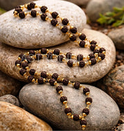 ASTRODIDI Black 5 Mukhi Rudraksha Mala in Brass Golden Caps | Original and Natural Five Face Panch Mukhi Rudraksh Beads (7 mm), Pack of 1