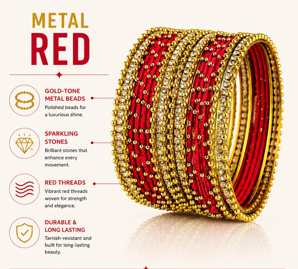 NMII Non-Precious Metal with Base Metal and Zircon Gemstone Studded Ball Chain Linked Glossy Finished Silk thread Bangle set for Women and Girls