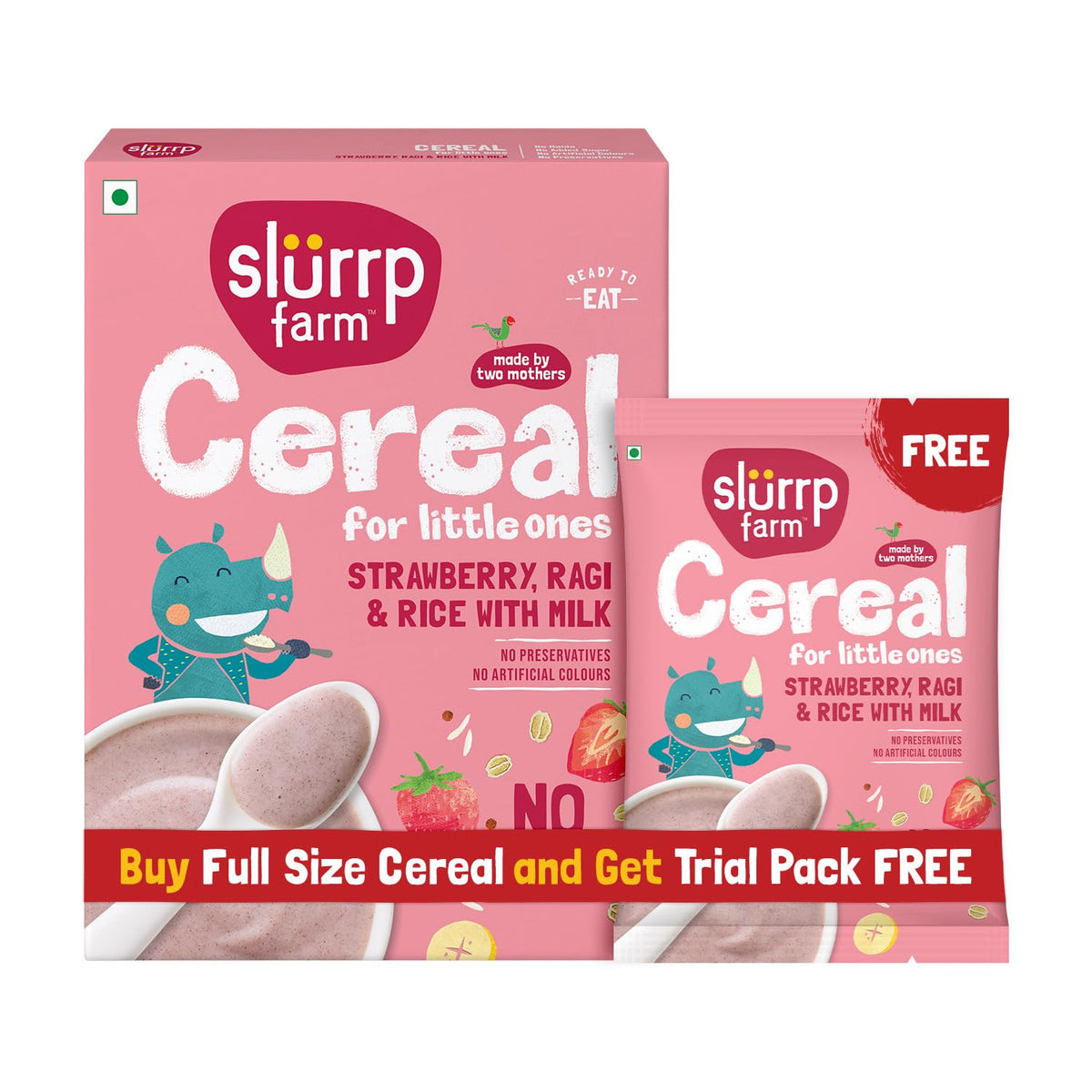 Slurrp Farm No Added Sugar Instant Cereal | Ragi, Rice and Strawberry with Milk | Free Strawberry Cereal Trial Pack | 200g