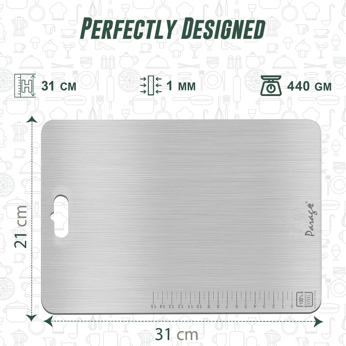 Parage Stainless Steel Medium Chopping Board 31 x 21 CM | Non Porous Kitchen Cutting Board for Home Use for Meat Fish Vegetables Fruits Bread | Anti Bacterial Odor Resistant Rust Free Heavy Duty