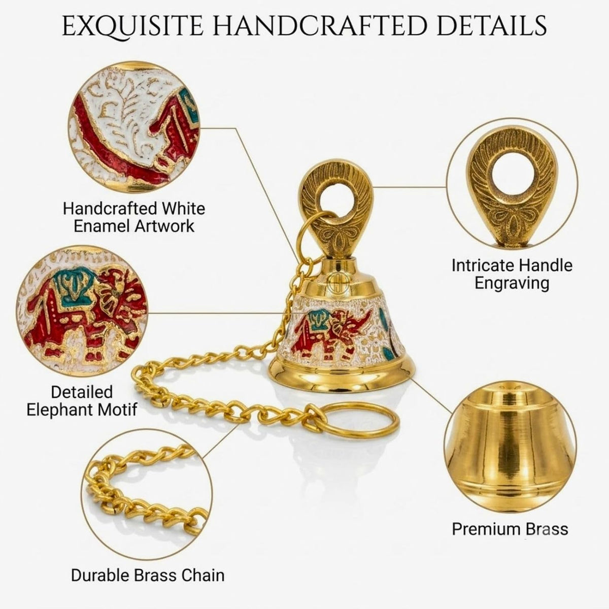 DSH Pure Brass Hanging Bell with Chain for Temple Mandir Door Home Decorative Ringing Bell (White, 1)