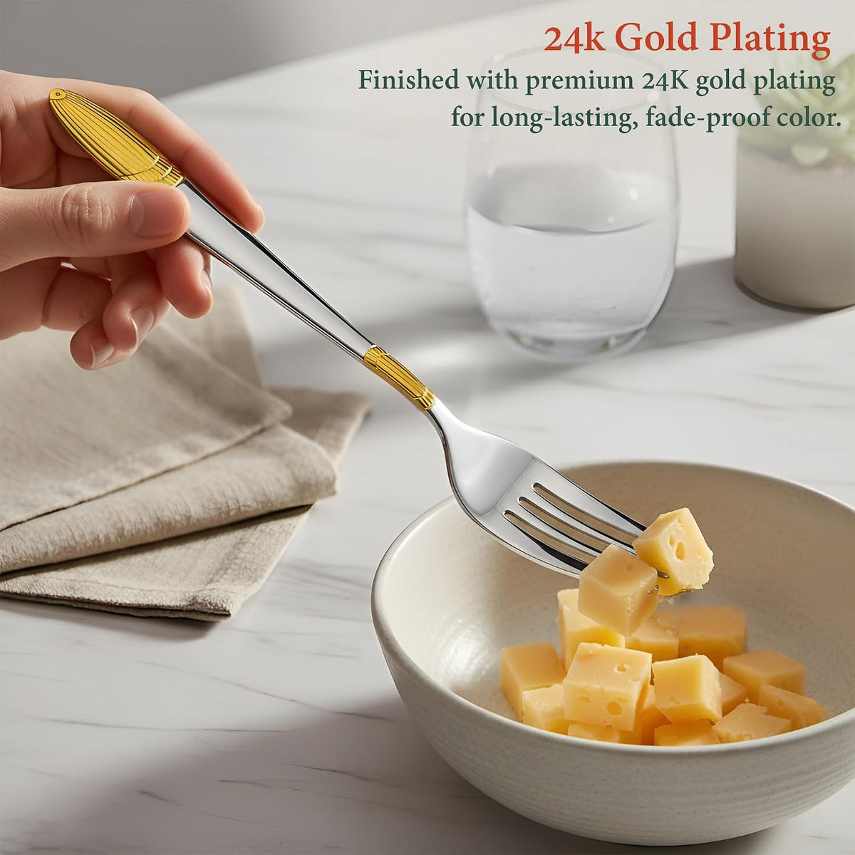 Parage 6 Pieces Stainless Steel 24k Golden Dinner Forks Set, 16 cm Premium Cutlery Set for Home & Kitchen, Luxury Dining Tableware Gift for House Warming,24 Karat Gold Plated Forks, Ivory Design