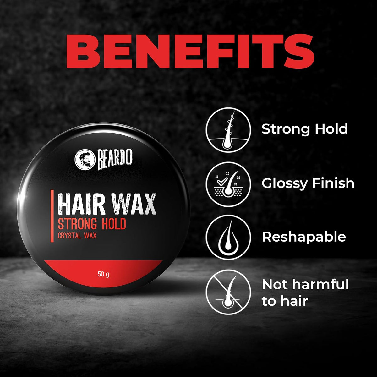 Beardo Stronghold Hair Wax For Men, 50 gm | Crystal Hair Wax with Aloe Vera & Castor Oil | Hair Styling Wax for Glossy Finish & Shine | Strong Hold