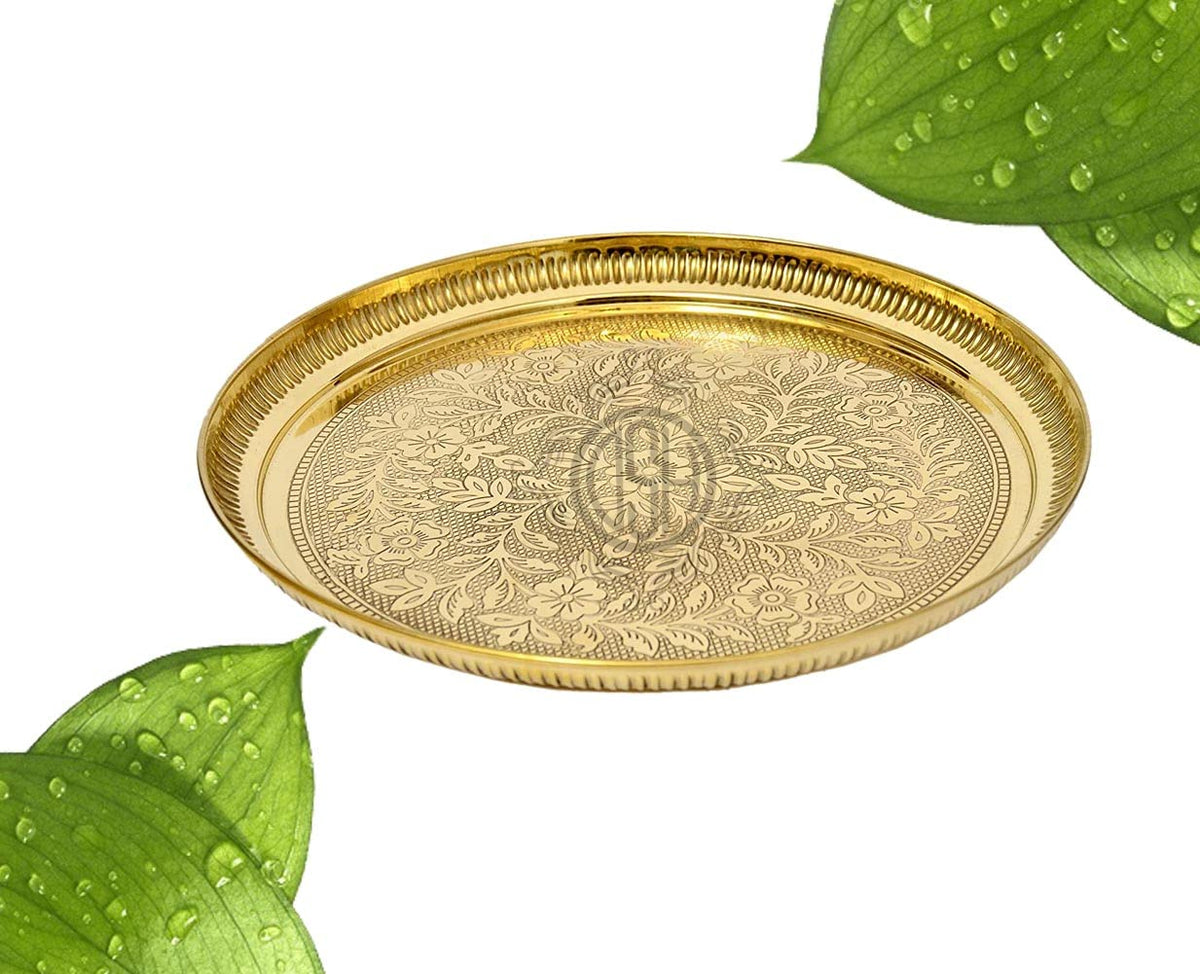 DSH Pure Brass Pooja Thali Plate Flower Embossed Design For Home Office And Diwali Puja Plate 5k (Set Of 2)