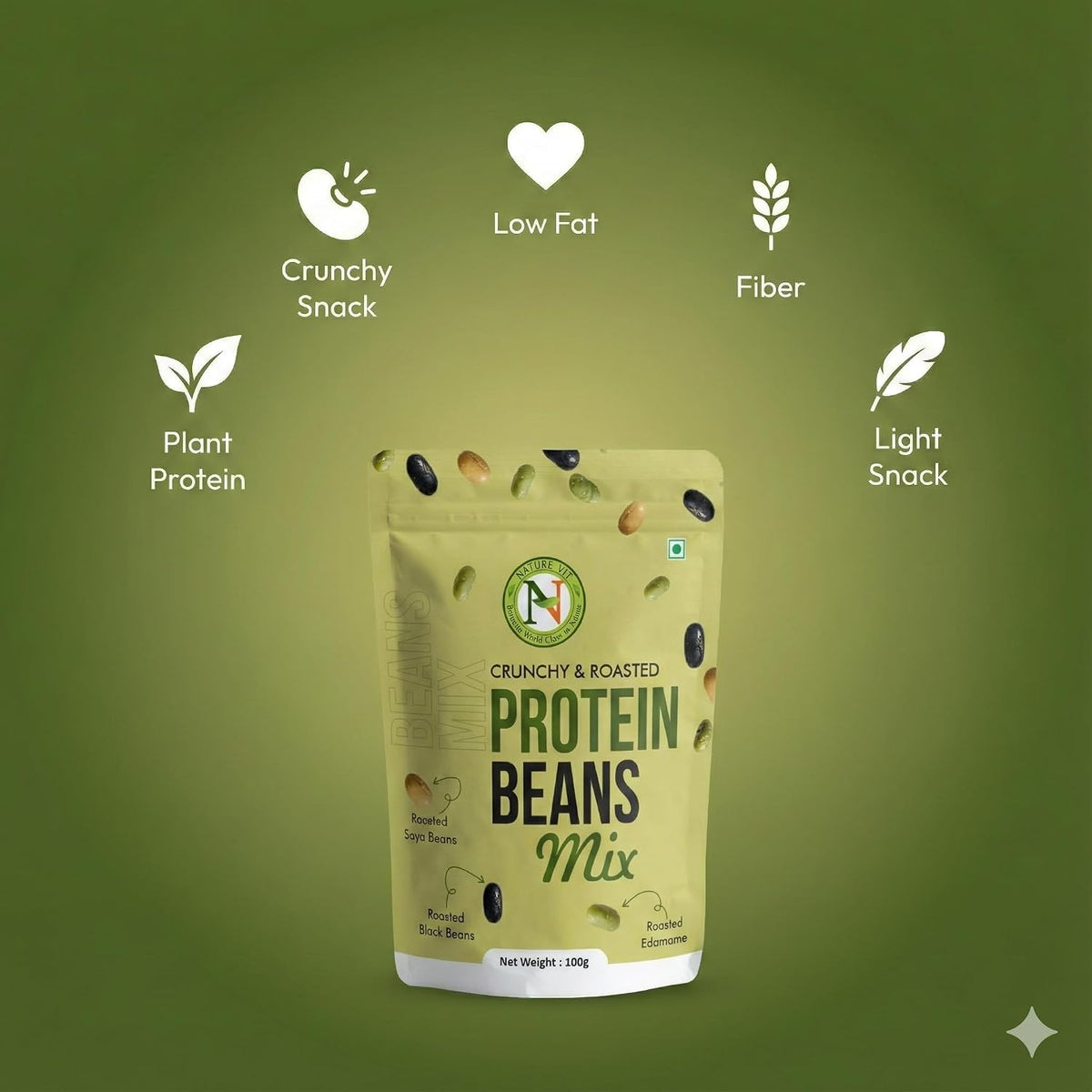 NatureVit Roasted Protein Beans Mix, 200g | High Protein Healthy Snack | Crunchy Roasted Bean Mix | Vegan Fiber-Rich Superfood