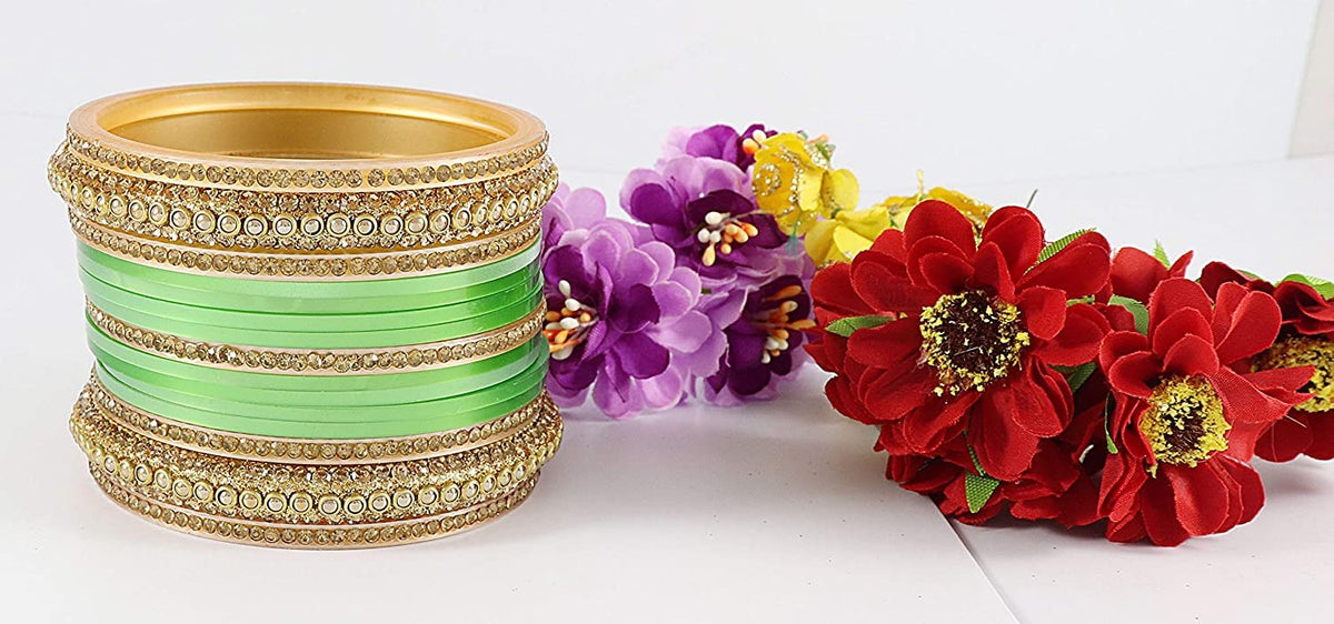 NMII Golden Traditional Acrylic Plastic Chuda Set For Bridal Women & Girls with Zircon Stone & Beads | Stylish Bridal Bangles For Wedding | Plastic Chura Set Punjabi Bnagles
