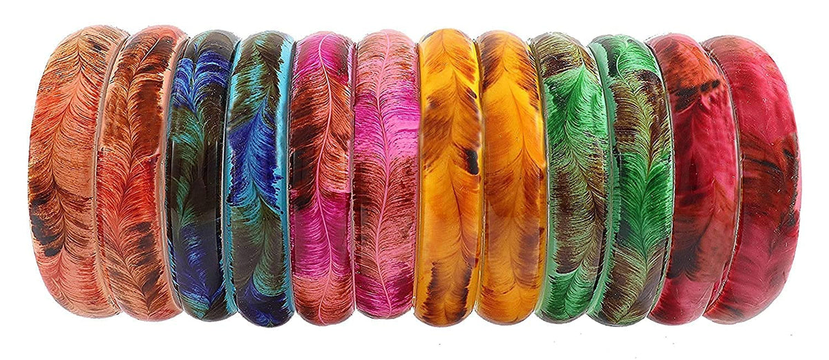 NMII Glass with Feather Pattern Glossy Finished Kada Set For Women and Girls, (Multi-Colour_2.6 Inches), Pack Of 12 Kada Set