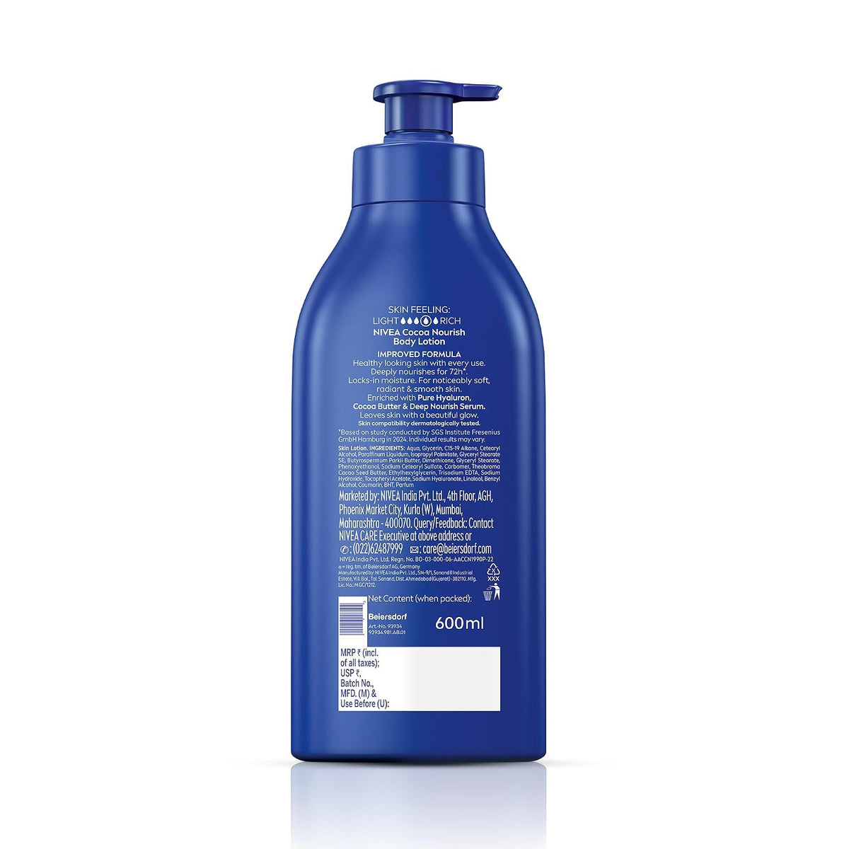NIVEA Cocoa Nourish Body Lotion for Men & Women with Cocoa Butter, Hyaluronic Acid & Vitamin E Moisturizer for Dry Skin, Deep Nourish Serum Body Cream 72H Moisturiser, Non Greasy Face Cream 600ml