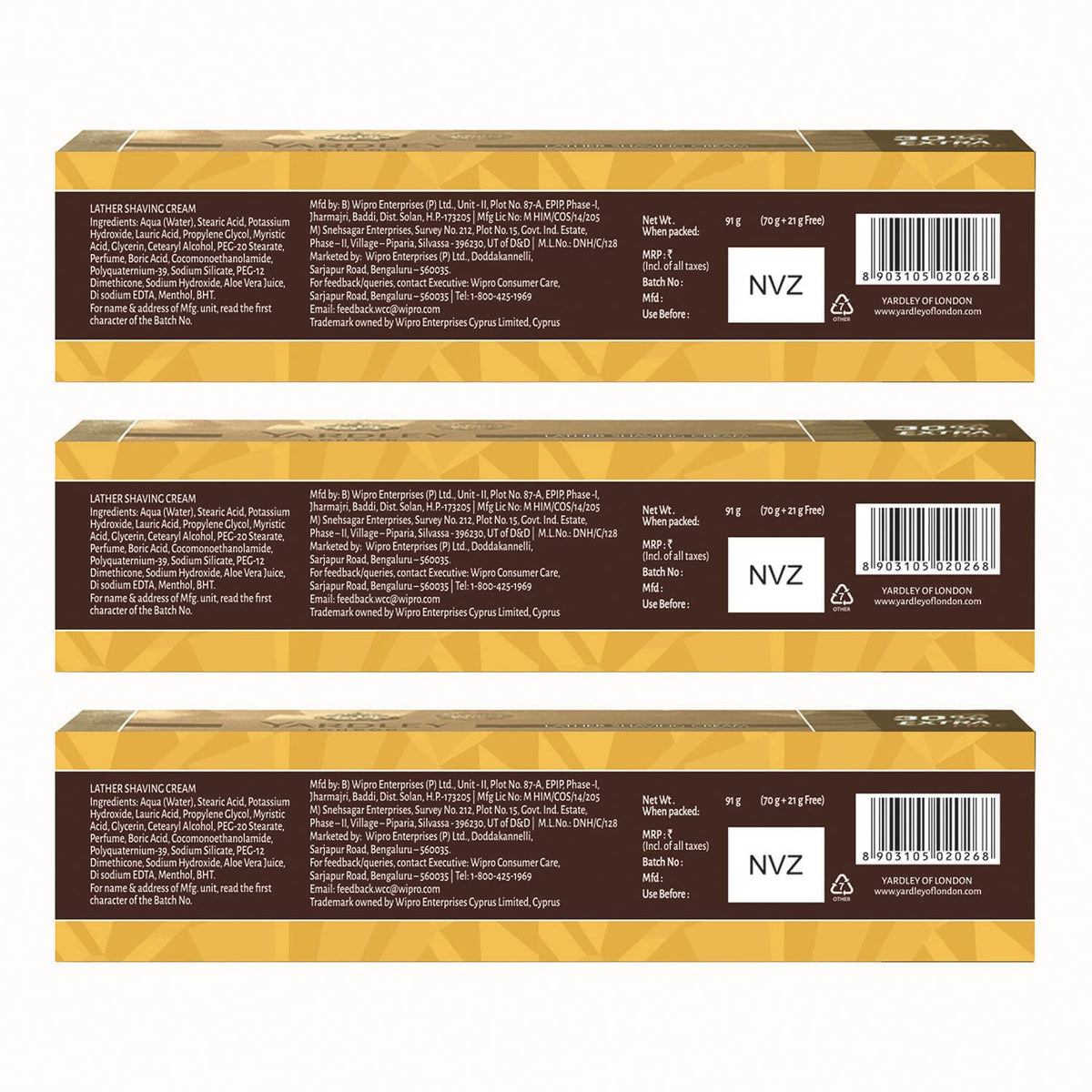 Yardley London Gold Extra Moisturising Lather Shaving Cream With Aloe Vera| Daily Beard Shaving Cream For Men| Pack Of 3 (91Gm Each)