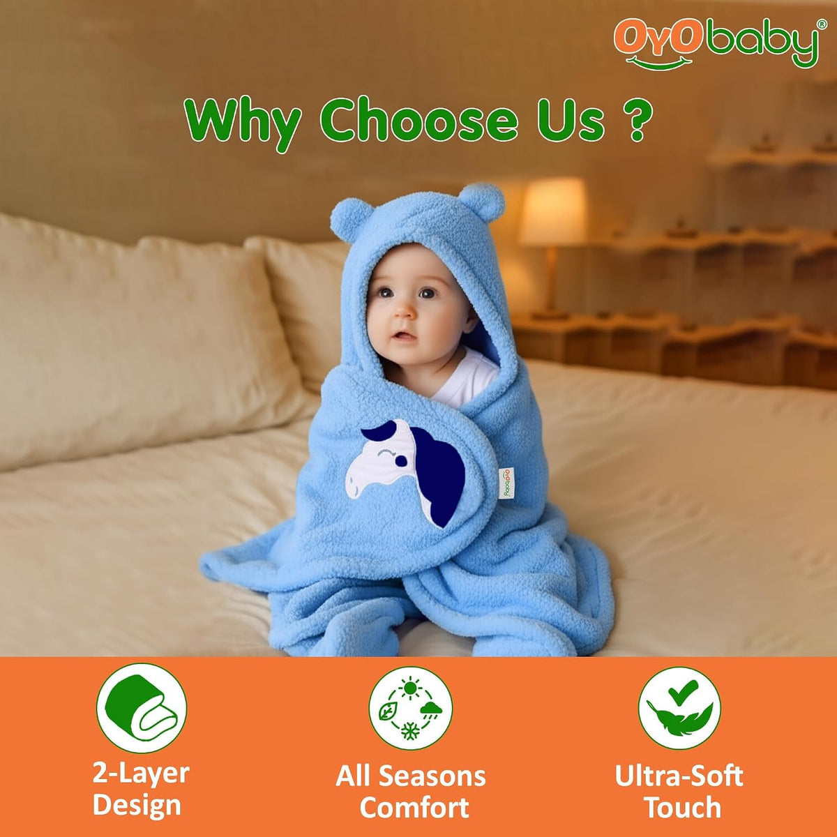 OYO BABY Hooded Swaddle Blanket for Newborns | Super Soft Flannel Wearable Sleeping Bag Wrap | Warm, Cozy & Breathable | Easy Wrap Design | 0–6 Months (72x68 cm) | Unicorn Blue