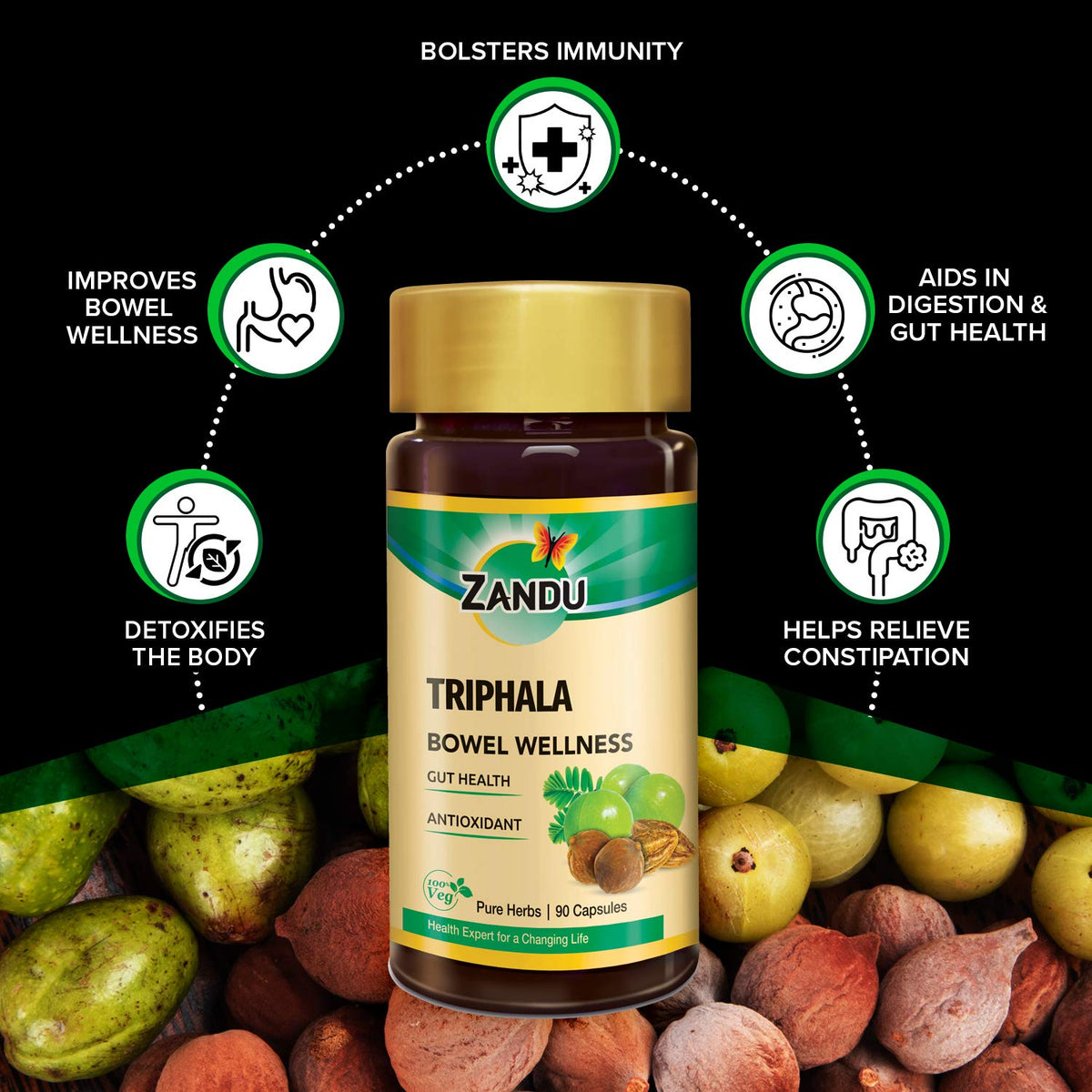 Zandu Triphala Capsules, Supports Bowel Wellness & Healthy Gut, Helps to Boost Immunity & Useful for Digestion, Antioxidant Properties - 90 Veg Capsules