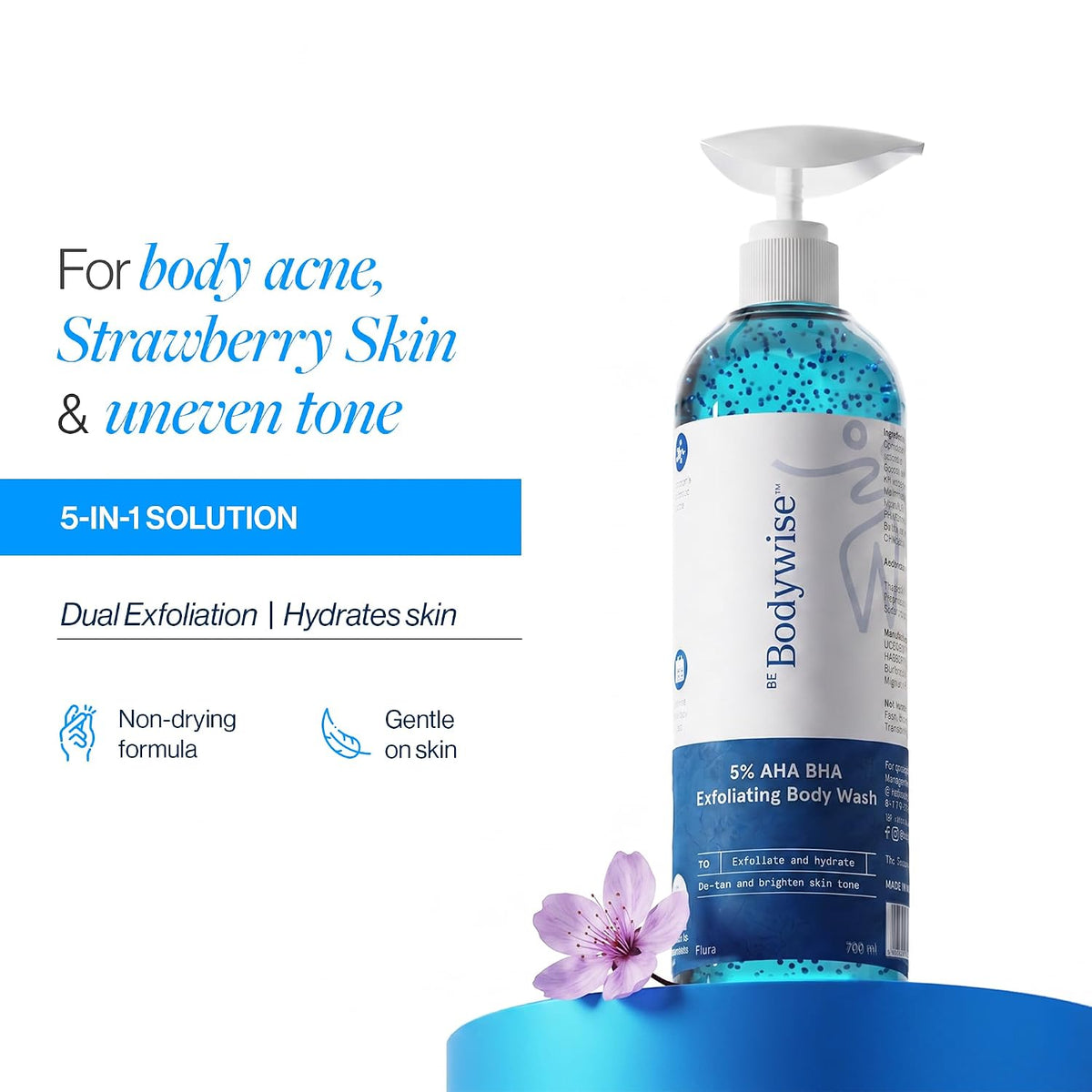 Be Bodywise 5% AHA BHA Exfoliating Detan Body Wash (Flora Fragrance) 700ml | For Body Acne, Strawberry Skin, De-Tan | 3% Lactic Acid, 1% Salicylic Acid, 1% Glycolic Acid | Non-Drying, Paraben Free