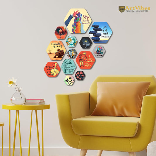 Artvibes Life Is All About Balance Hexagon Shape MDF Wooden Wall Decor Items | Quotes Decor Item | Wall Poster | Office Decor | Wall Art Print | Inspirational quotes | Gift Items (WPS_209N), Set of 13