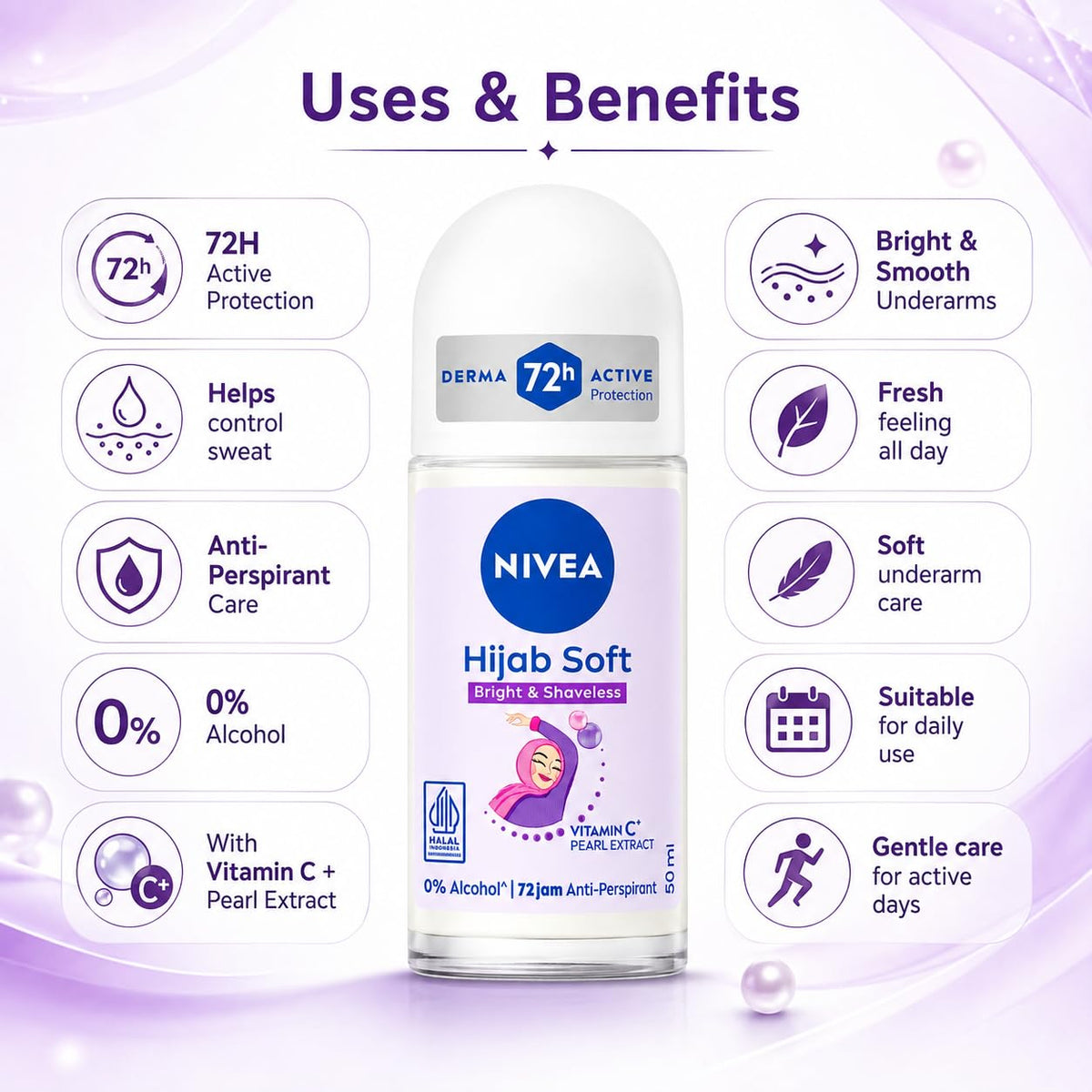 NIVEA Hijab Soft Bright & Shaveless Anti-Perspirant Roll-On for Women, 72H Protection, Vitamin C & Pearl Extract, 0% Alcohol, 50 ml