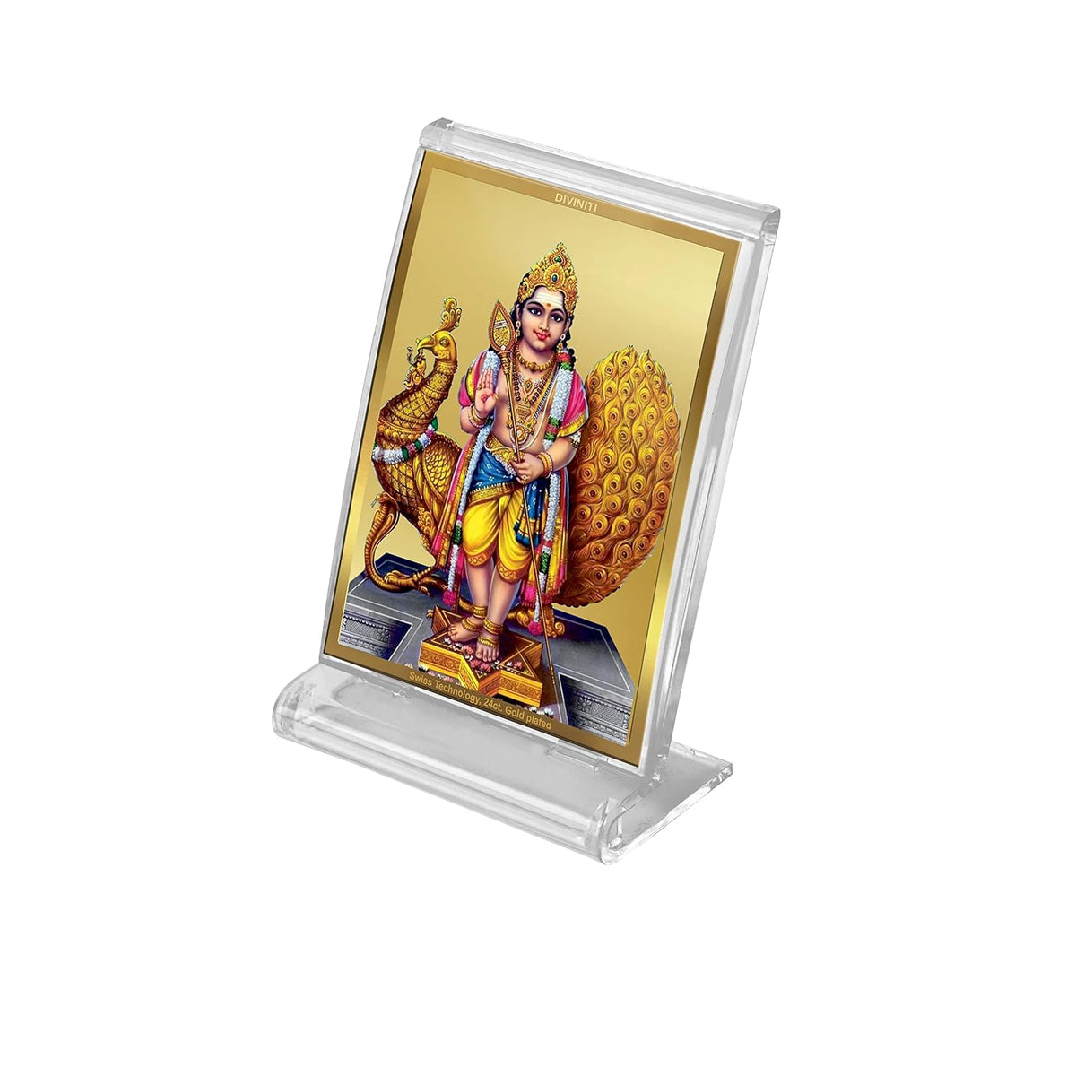 DIVINITI Karthikey Photo Frame for Car Dashboard, Home Decor, Table Decor| ACF 3 Acrylic Classic Karthikey and 24K Gold Plated Foil| Religious Frame Idol for Pooja, Gifts Items (11X6.8 CM)