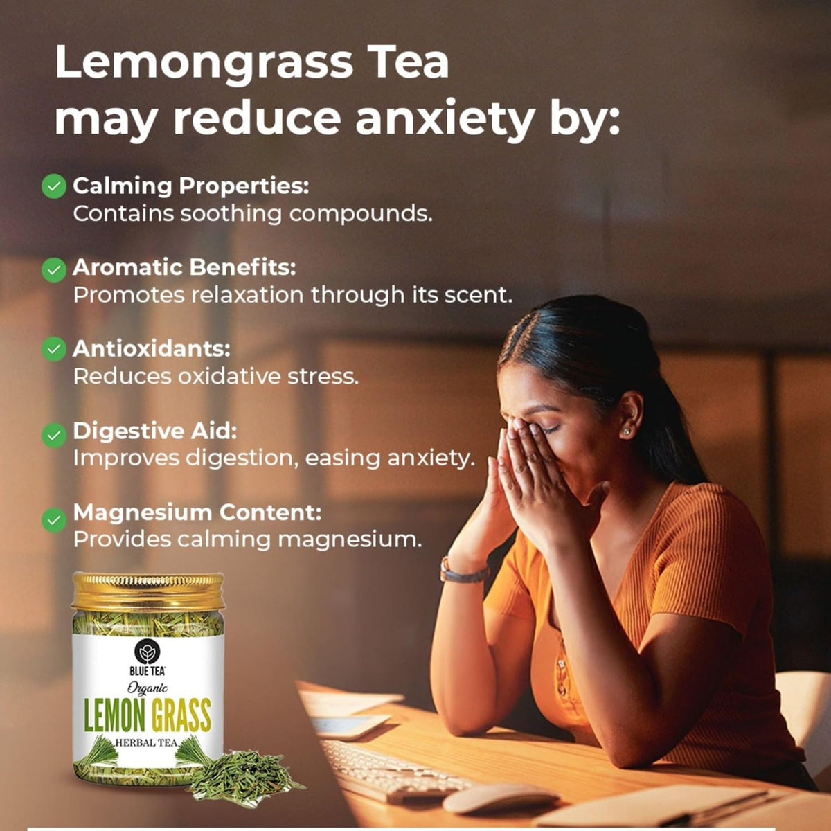 BLUE TEA - Lemongrass Tea - 100g -100 Cups | BOOST METABOLISM | Detox Tea - Flower Based - Herbal Tea - Caffeine Free - Zero Sugar | Pet Jar Packaging