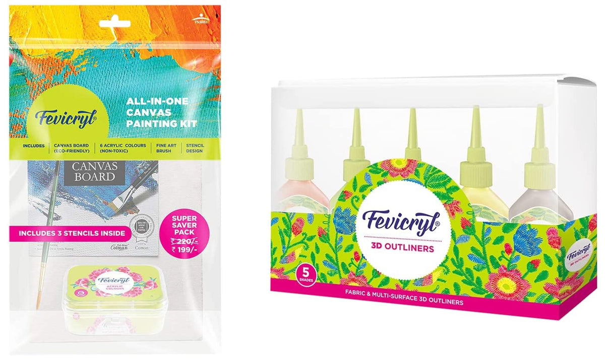 Fevicryl All in One Artist Canvas Kit & Fevicryl 3D Outliners Kit 20ml x 5 | DIY Art & Craft Kit | Ideal Painting Combo for Projects, Artists. Students