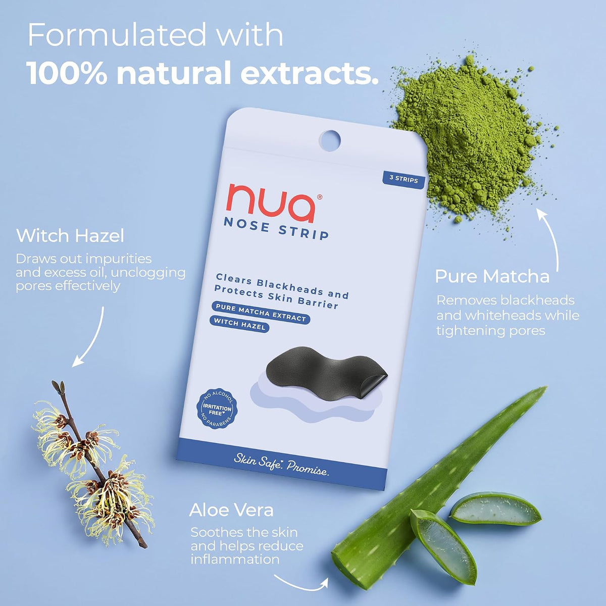 Nua Nose Strip - Pack of 2 | Removes Blackheads & Whiteheads | Pure Matcha and Witch Hazel | 100% Natural Extracts| Absorbs Excess oil & Sebum | Works within 10 minutes | Protects Skin Barrier | Safe on Skin