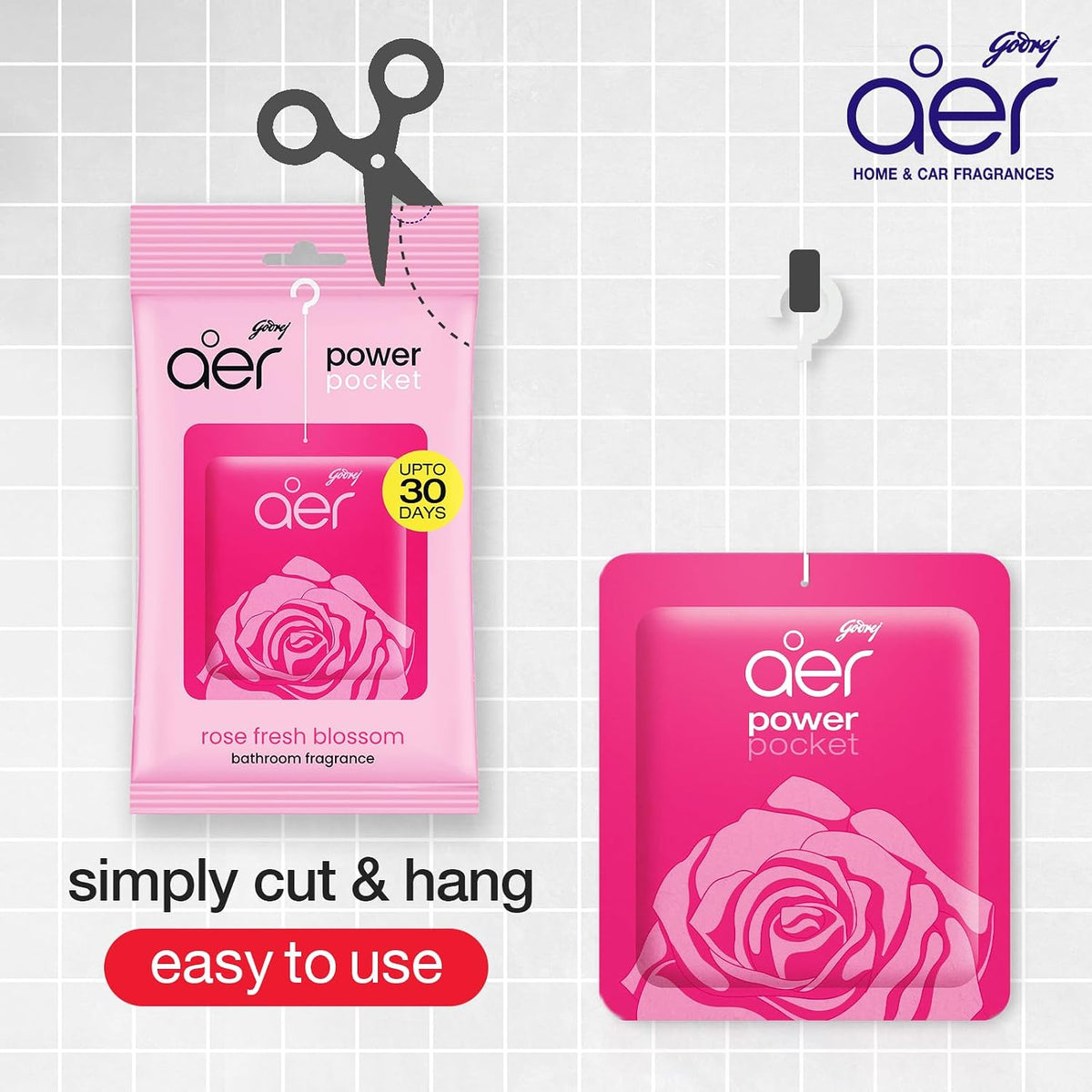 Godrej aer Power Pocket Bathroom Freshener – Rose Fresh Blossom (10g) | Lasts up to 30 days | Germ Protection