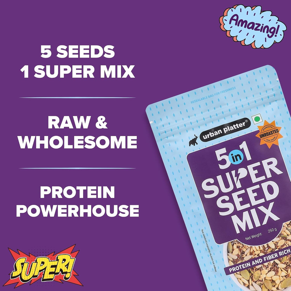 Urban Platter Unroasted 5-in-1 Super Seed Mix, 250g (High Protein & Fiber | Pumpkin, Sunflower, Watermelon, Sesame & Flax Seed Blend | Raw & Ready-to-Eat Superfood Snack)