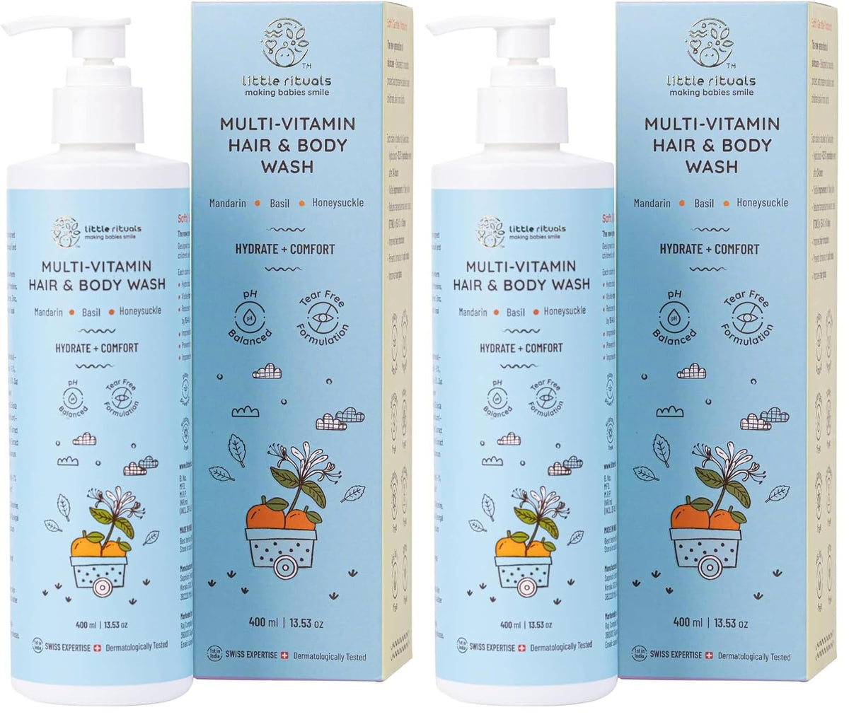 Little Rituals Baby Wash – Tear-Free Body & Hair Wash with HONEYSUCKLE, BASIL & MANDARIN | Gentle pH 5.5 Formula | Organic, Dermatologist-Tested, SWISS Technology (400ml) (Pack of 2)