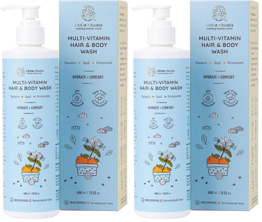 Little Rituals Baby Wash – Tear-Free Body & Hair Wash with HONEYSUCKLE, BASIL & MANDARIN | Gentle pH 5.5 Formula | Organic, Dermatologist-Tested, SWISS Technology (400ml) (Pack of 2)