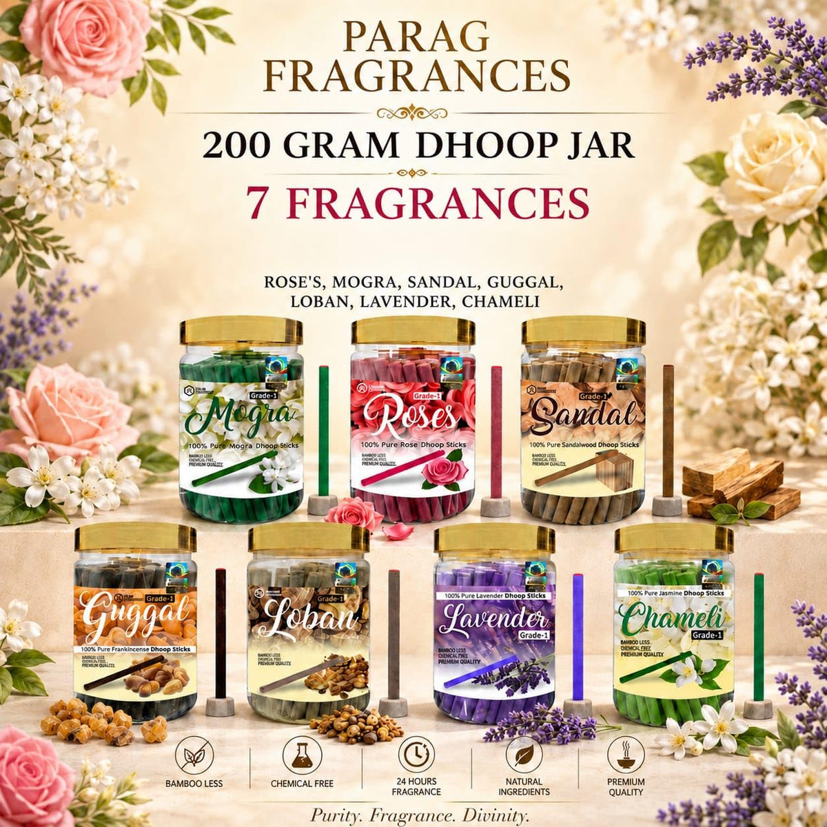 Parag Fragrances Guggal Dhoop Sticks/Frankincense Dhoop Batti Grade-1 Jar (Pack of 1 x 200Gm) Long Lasting Perfume for 24 Hours Home Fragrance/Meditation/Dhoop for Pooja