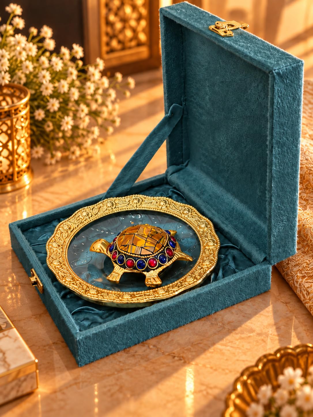 KridayKraft Multicolour Stone-Studded Gold Tortoise Showpiece with 14 cm Designer Tray and Luxury Dark Teal Blue Gift Box, Tabletop Décor for Home, Office, Wedding, Anniversary and Housewarming Gift