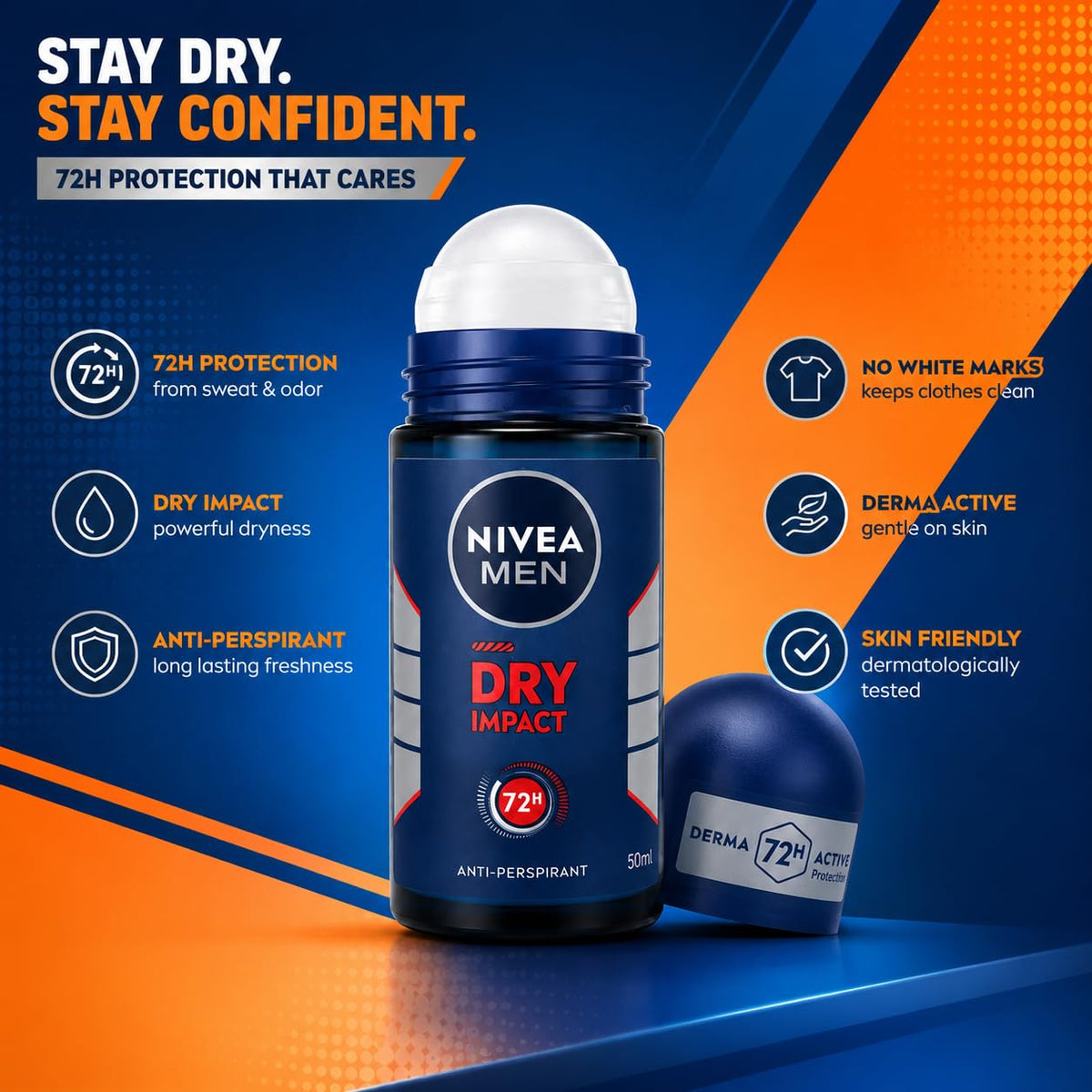 Nivea Men Dry Impact 72H Anti-Perspirant Roll-On 50ml | Powerful Sweat Control & Odor Defense | Fresh Masculine Fragrance Daily Deodorant for Men