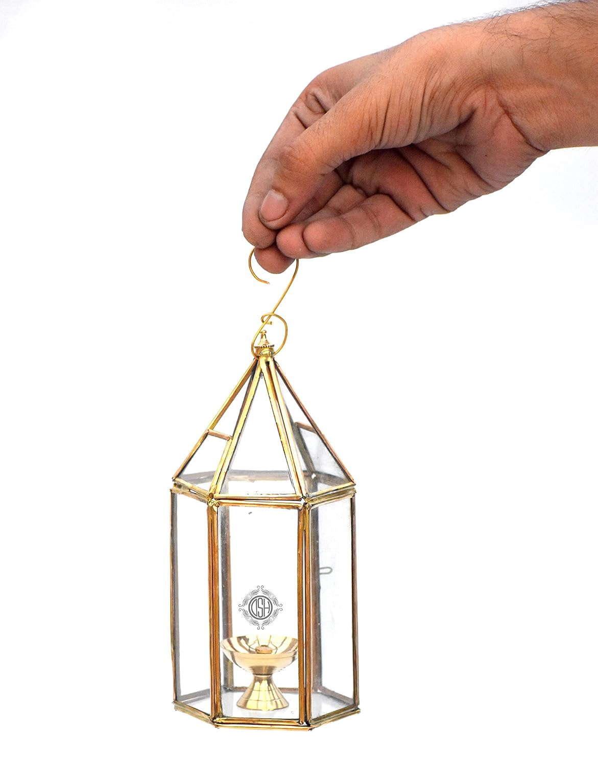 DSH Brass Diya for Pooja with Glass Cover Lantern, Decorative Brass & Glass Akhand Deepak Oil Lamp,Tea Light Holder Lantern for Durga Pooja & Diwali