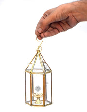 DSH Brass Diya for Pooja with Glass Cover Lantern, Decorative Brass & Glass Akhand Deepak Oil Lamp,Tea Light Holder Lantern for Durga Pooja & Diwali