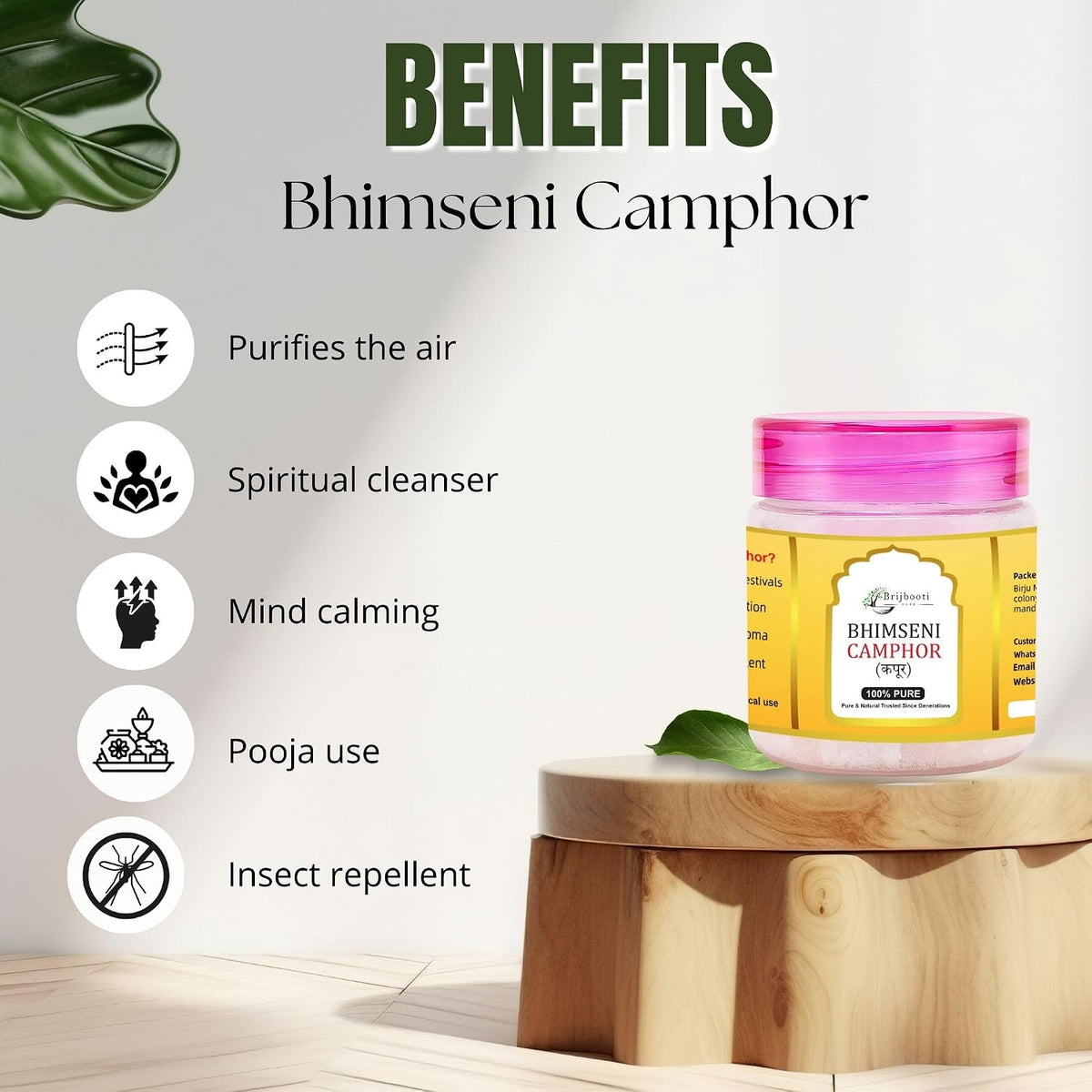 Brijbooti Original Bhimseni Camphor 50g | Bhimseni Kapoor | 100% Pure & Organic Kapoor for Pooja, Aarti, Hawan, Aromatherapy & Air Freshener | Zero Residue