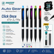 Hauser Auto Gear 0.7mm Mechanical Pencil - Pack of 4 | Click Once & Keep Writing | Extra Dark & Breakage Resistant 2B Lead | Eraser At The Top For Quick-Erasing | 10 FREE 2B Leads With Each Pack