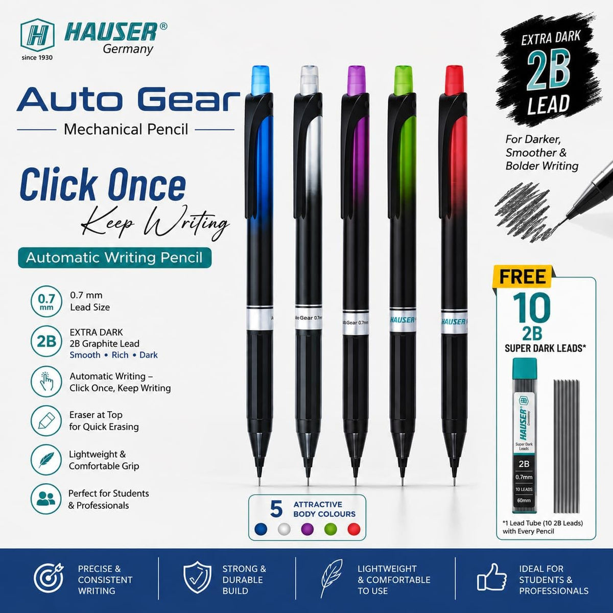 Hauser Auto Gear 0.7mm Mechanical Pencil - Pack of 4 | Click Once & Keep Writing | Extra Dark & Breakage Resistant 2B Lead | Eraser At The Top For Quick-Erasing | 10 FREE 2B Leads With Each Pack