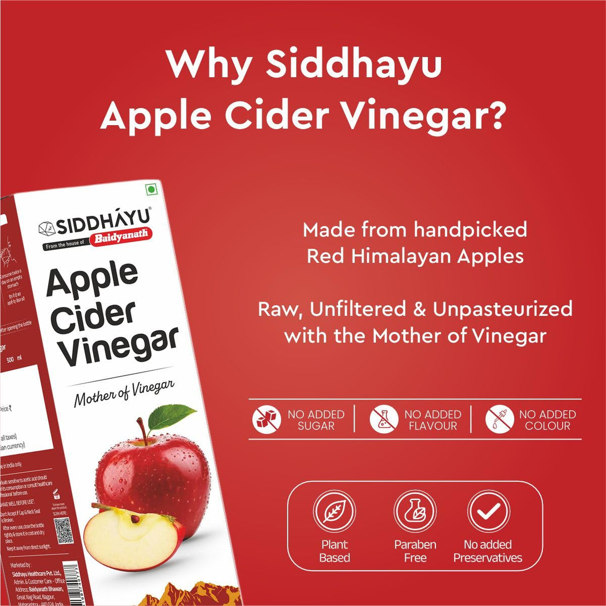 Baidyanath Asli Ayurved Apple Cider Vinegar - 500ml | Mother of Vinegar – Red Himalayan Apples | Healthy Skin & Hair - Raw, Unfiltered & Unpasteurized | 100% Pure