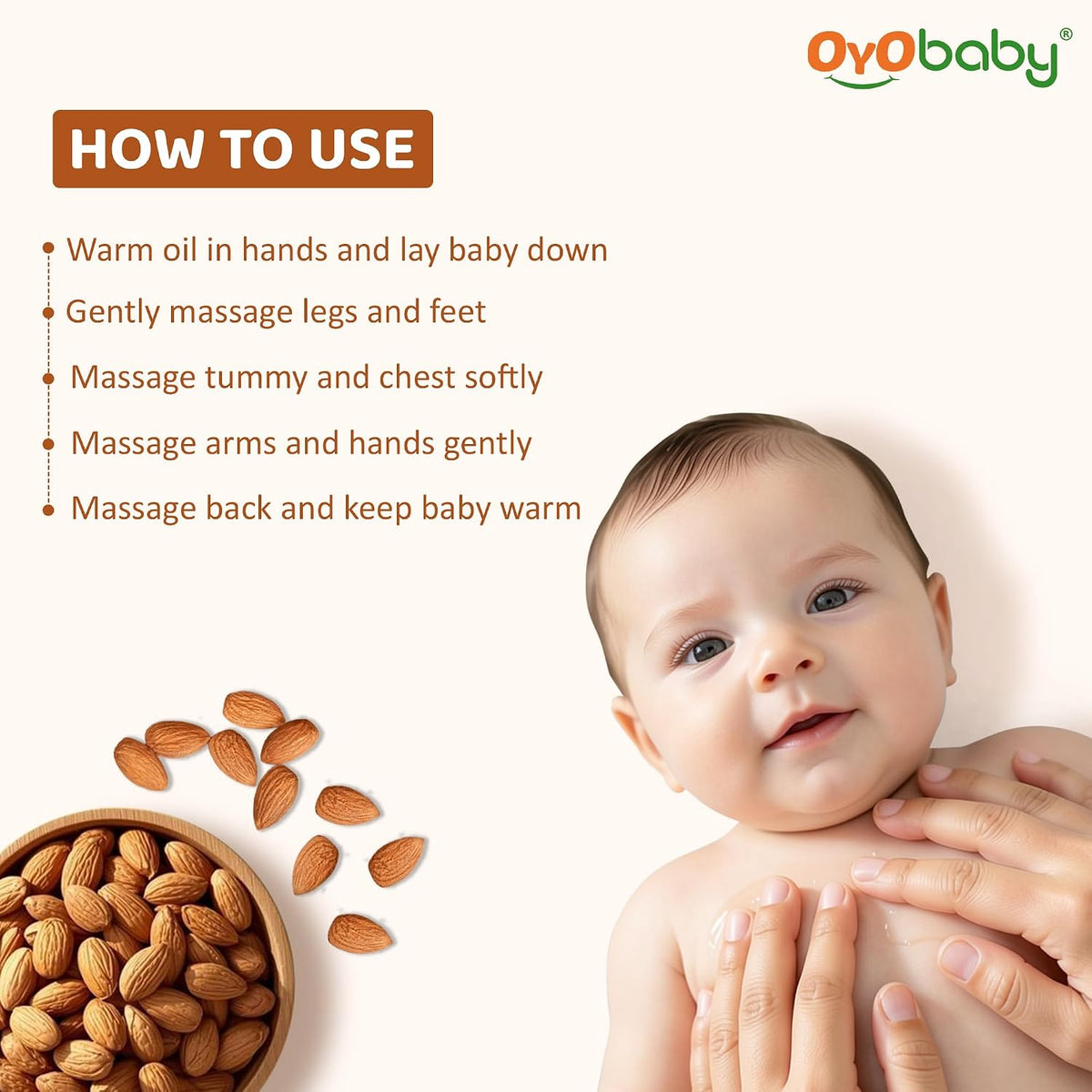 OYO BABY 100% Pure Wood Pressed Sweet Almond Oil for Baby - 100ml | Enriched with Vit E, Omega 3 & 6 | FSSAI Approved, Pediatrician Tested | Baby Massage Oil | Rogan Badam Oil