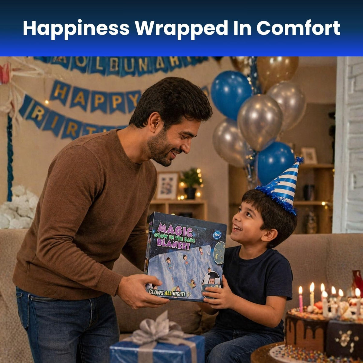 Toy Imagine Glow Blanket for Kids 3–10 Years 150 x 120 cm Glow in The Dark Blanket Soft Flannel Fleece Throw Soft Cozy Warm All Season Blankets for Boys and Girls Gift (Snow Boy Design Blue)