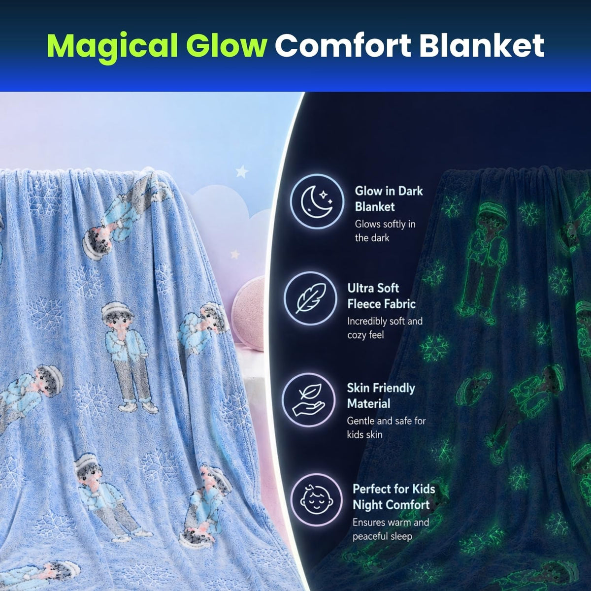 Toy Imagine Glow Blanket for Kids 3–10 Years 150 x 120 cm Glow in The Dark Blanket Soft Flannel Fleece Throw Soft Cozy Warm All Season Blankets for Boys and Girls Gift (Snow Boy Design Blue)