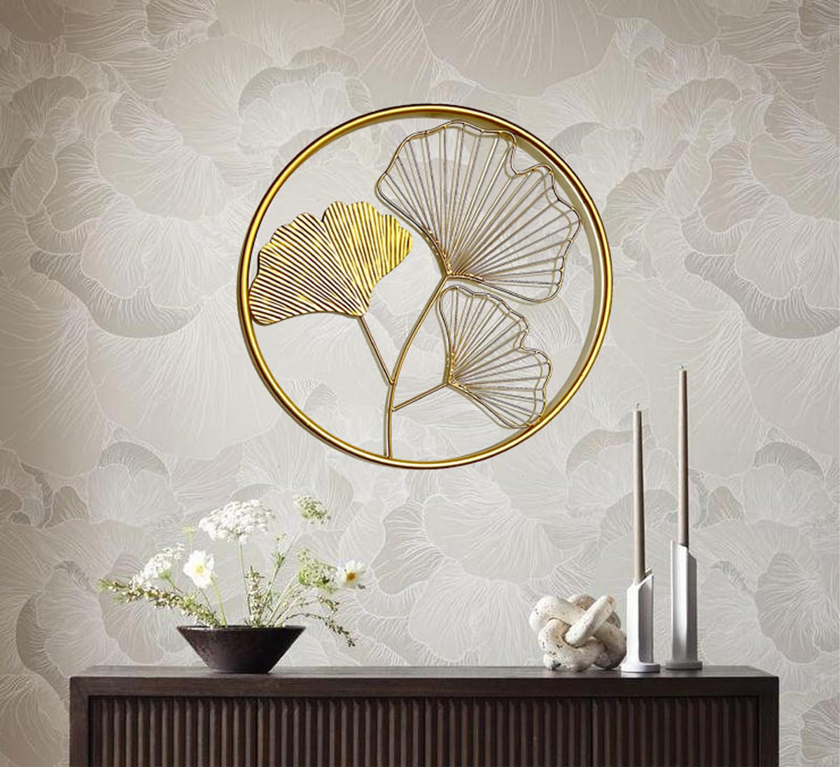 DSH CRAFTING YOUR CURIOSITY Metal Round Shaped Beautiful Leaf Wall Decor Wall Arts Perfect For Living Room (Design - 3 (3 Leaf))(Gold)