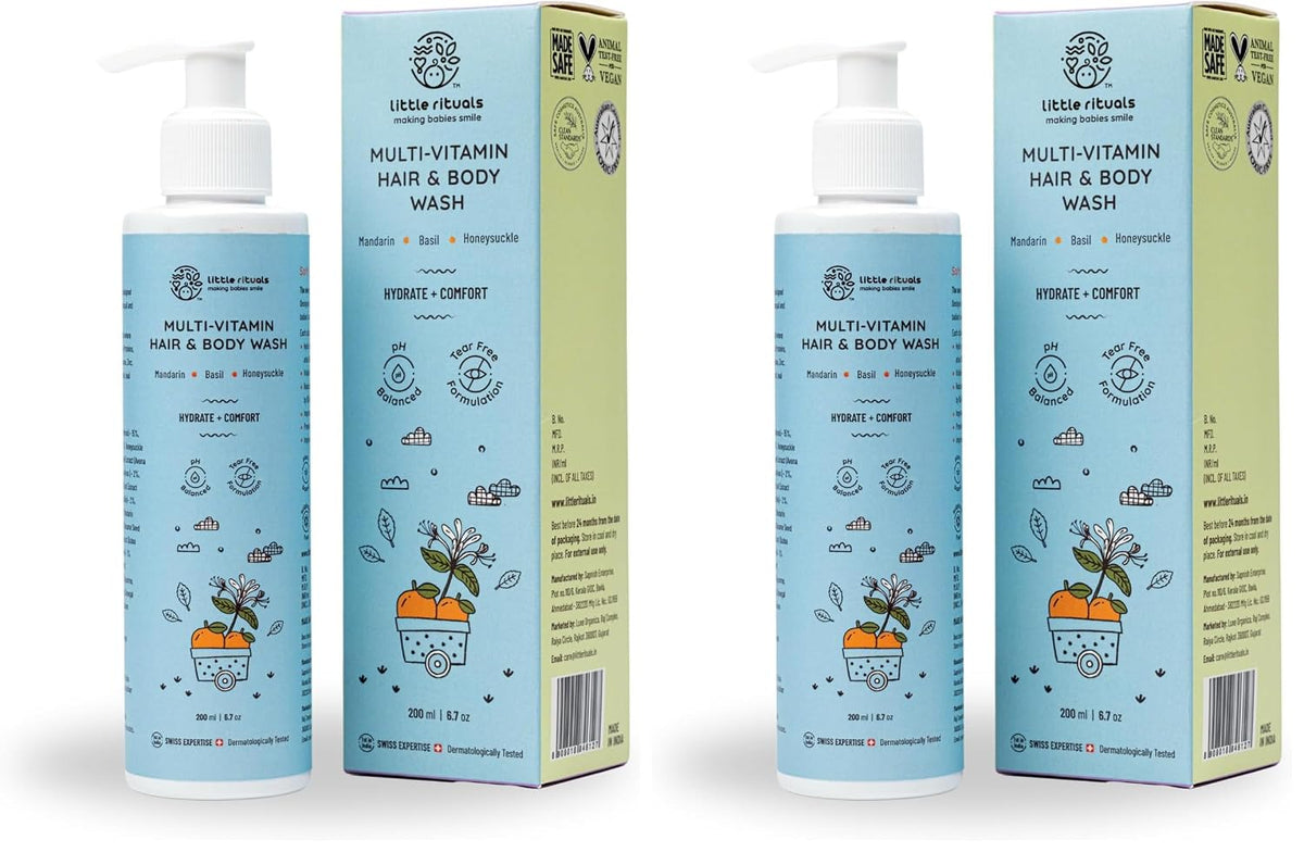 Little Rituals Baby Multi-Vitamin Body & Hair Wash - Tear Free + pH 5.5. Formulated with the best plant botanical - HONEYSUCKLE, BASIL, MANDARIN. Natural, Organic, Dermat tested, SWISS Technology (200ml)