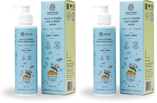 Little Rituals Baby Multi-Vitamin Body & Hair Wash - Tear Free + pH 5.5. Formulated with the best plant botanical - HONEYSUCKLE, BASIL, MANDARIN. Natural, Organic, Dermat tested, SWISS Technology (200ml)