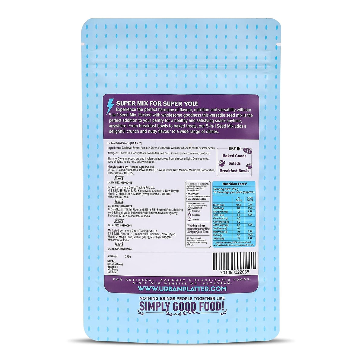Urban Platter Unroasted 5-in-1 Super Seed Mix, 250g (High Protein & Fiber | Pumpkin, Sunflower, Watermelon, Sesame & Flax Seed Blend | Raw & Ready-to-Eat Superfood Snack)