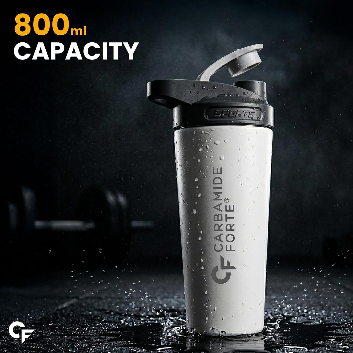 Carbamide Forte Stainless Steel Shaker for gym Bottle 800ml | Leakproof Protein Shaker Bottle with Stainless Steel Mixing Ball | Odour & Stain Resistant Gym Shaker Bottle for Protein Shakes, Creatine, BCAA & Pre-Workout