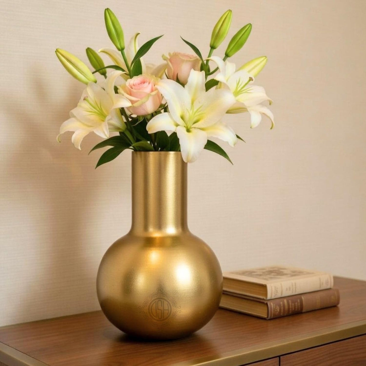 DSH Metal Vase Modern Decorative Table Top for Living Room Bedroom & Office (13.5X21 CM) Round Flower Pot for Fresh & Artificial Flowers