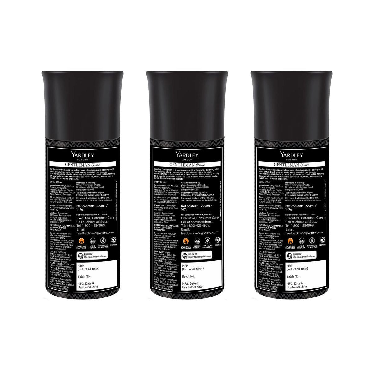 Yardley London Gentleman Classic Body Spray for Men| Fresh Woody Fougère Notes | Masculine Fragrance | Body Deodorant for Men | 150ml, Pack of 3