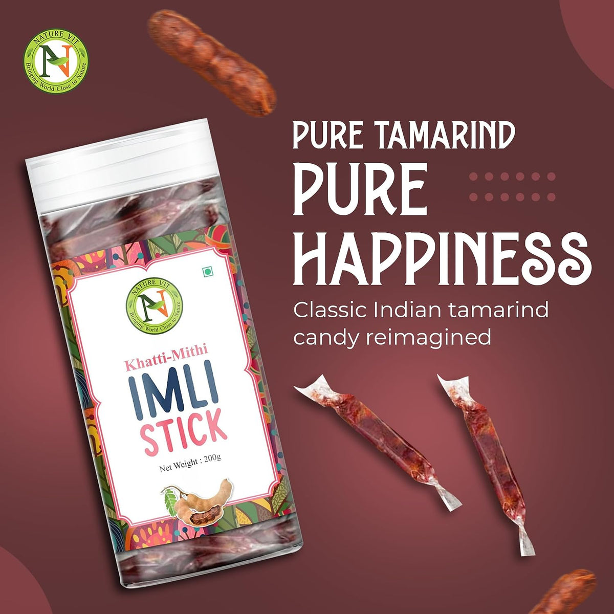 NatureVit Imli Candy Sticks 200g – Khatti Meethi Tamarind Stick Candy | Sweet & Sour Mouth Freshener | Tangy Digestive Treat